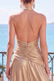 Champagne Metallic A-Line Satin Halter Ruched Backless Long Formal Dress