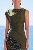 Black Sequins Asymmetrical Ruched Mermaid Formal Dress with Slit