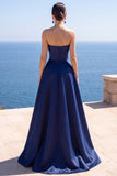 Navy Strapless Corset Pearl A-Line Long Formal Dress