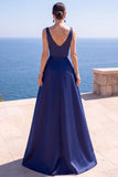 Pink A-Line Pearls Ruched Long Formal Dress with Slit
