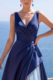 Pink A-Line Pearls Ruched Long Formal Dress with Slit