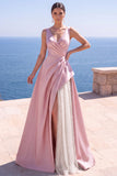 Pink A-Line Pearls Ruched Long Formal Dress with Slit