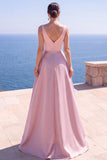 Pink A-Line Pearls Ruched Long Formal Dress with Slit