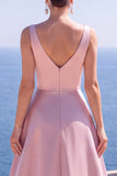 Pink A-Line Pearls Ruched Long Formal Dress with Slit