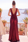 Burgundy Metallic Mermaid Ruched Long Formal Dress with Slit