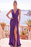 Burgundy Metallic Mermaid Ruched Long Formal Dress with Slit