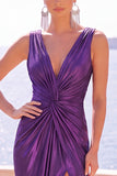 Burgundy Metallic Mermaid Ruched Long Formal Dress with Slit