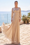 Champagne Ruched A-Line Half Sleeves Long Formal Dress