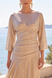 Champagne Ruched A-Line Half Sleeves Long Formal Dress