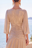 Champagne Ruched A-Line Half Sleeves Long Formal Dress