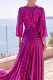 Champagne Ruched A-Line Half Sleeves Long Formal Dress