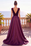Burgundy V-Neck A-Line Velvet Backless Long Formal Dress with Slit