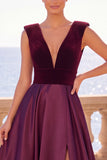 Burgundy V-Neck A-Line Velvet Backless Long Formal Dress with Slit