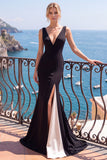 Black And White Mermaid V-Neck Long Formal Dress with Slit