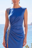 Blue Beaded Ruched Sheath Long Formal Dress with Slit