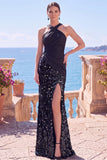 Black Halter Crossed Straps Sequins Mermaid Long Formal Dress with Slit