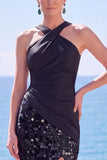 Black Halter Crossed Straps Sequins Mermaid Long Formal Dress with Slit
