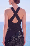Black Halter Crossed Straps Sequins Mermaid Long Formal Dress with Slit
