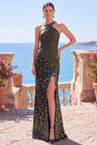 Black Halter Crossed Straps Sequins Mermaid Long Formal Dress with Slit