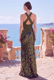 Black Halter Crossed Straps Sequins Mermaid Long Formal Dress with Slit
