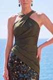 Black Halter Crossed Straps Sequins Mermaid Long Formal Dress with Slit