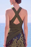Black Halter Crossed Straps Sequins Mermaid Long Formal Dress with Slit