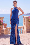Black Halter Crossed Straps Sequins Mermaid Long Formal Dress with Slit