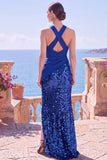 Black Halter Crossed Straps Sequins Mermaid Long Formal Dress with Slit
