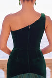 Burgundy One Shoulder Mermaid Velvet Ruched Long Formal Dress
