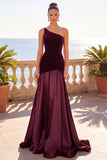 Burgundy One Shoulder Mermaid Velvet Ruched Long Formal Dress