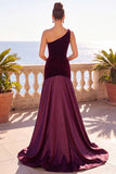 Burgundy One Shoulder Mermaid Velvet Ruched Long Formal Dress
