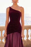 Burgundy One Shoulder Mermaid Velvet Ruched Long Formal Dress