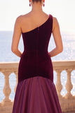 Burgundy One Shoulder Mermaid Velvet Ruched Long Formal Dress