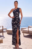 Blue One Shoulder Floral Jacquard Ruched Sheath Long Formal Dress with Slit