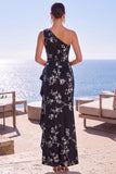 Blue One Shoulder Floral Jacquard Ruched Sheath Long Formal Dress with Slit
