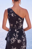 Blue One Shoulder Floral Jacquard Ruched Sheath Long Formal Dress with Slit