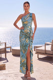 Blue One Shoulder Floral Jacquard Ruched Sheath Long Formal Dress with Slit