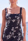 Blue Sheath Floral Jacquard Square Neck Long Formal Dress with Slit