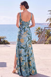 Blue Sheath Floral Jacquard Square Neck Long Formal Dress with Slit