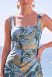 Blue Sheath Floral Jacquard Square Neck Long Formal Dress with Slit