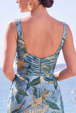Blue Sheath Floral Jacquard Square Neck Long Formal Dress with Slit