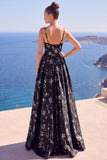 Blue A-Line Floral Jacquard Long Formal Dress with Slit