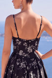 Blue A-Line Floral Jacquard Long Formal Dress with Slit