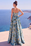 Blue A-Line Floral Jacquard Long Formal Dress with Slit