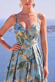 Blue A-Line Floral Jacquard Long Formal Dress with Slit