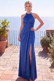 Burgundy Jacquard Halter Sheath Backless Long Formal Dress with Slit