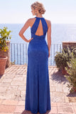 Burgundy Jacquard Halter Sheath Backless Long Formal Dress with Slit