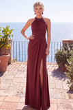 Burgundy Jacquard Halter Sheath Backless Long Formal Dress with Slit