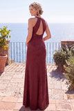 Burgundy Jacquard Halter Sheath Backless Long Formal Dress with Slit