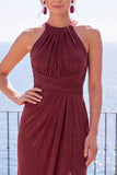 Burgundy Jacquard Halter Sheath Backless Long Formal Dress with Slit